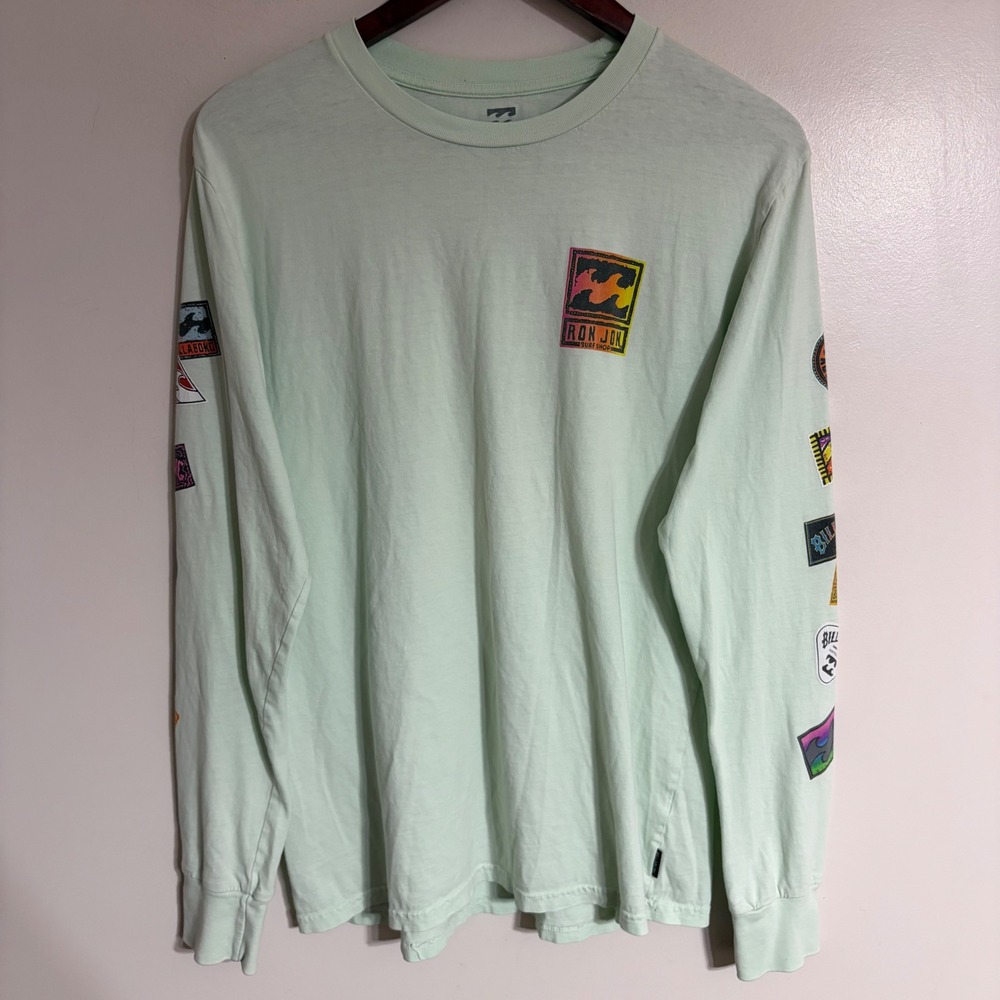 Billabong Ron Jon Surf Shop Long Sleeve T-Shirt Mint Green Graphic Mens Medium